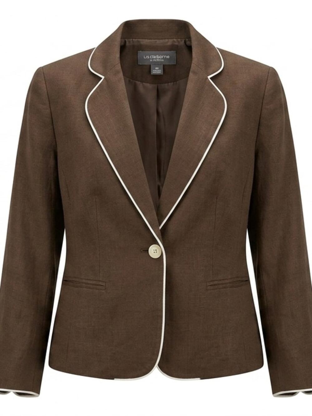 Liz Claiborne Suits Linen Blend Brown White Piping Blazer Women Size 8P
